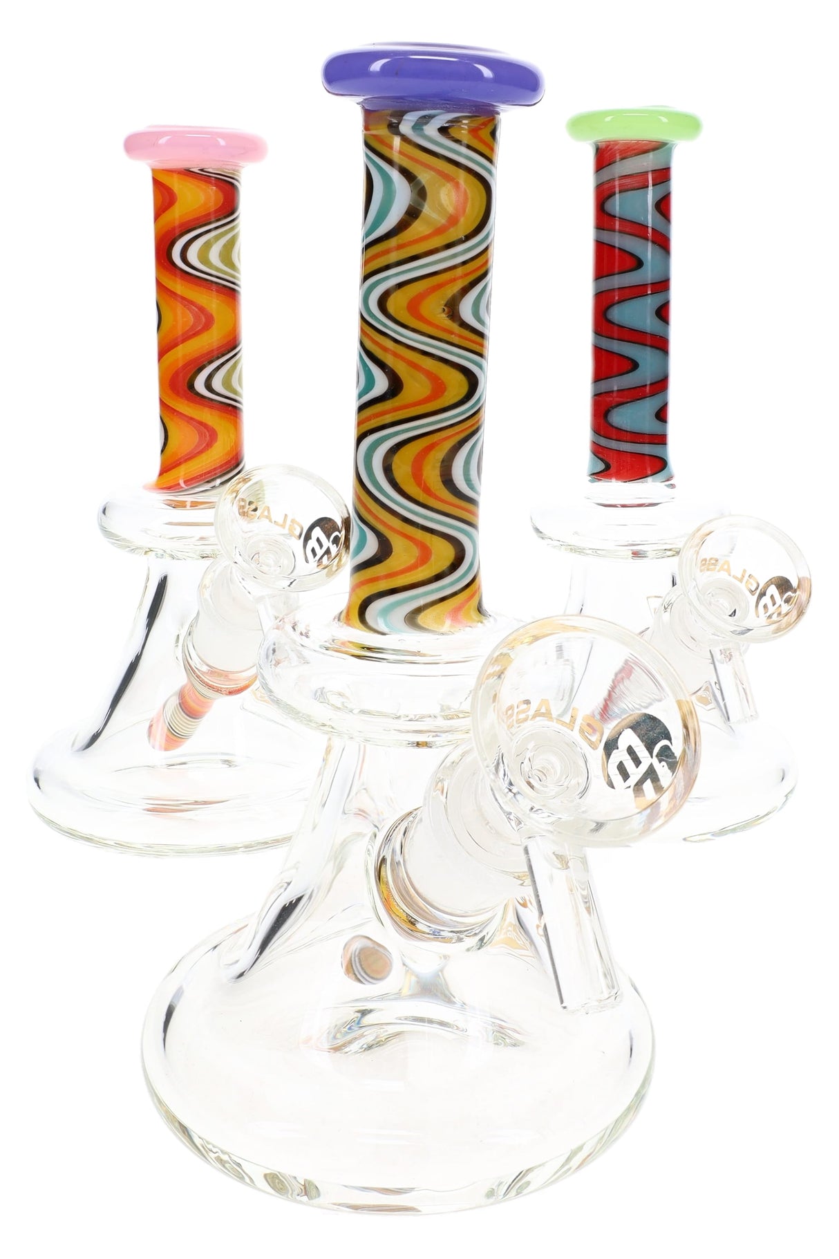 Assorted 6″ glass bongs with pink, purple, and green rims plus colorful reverse neck designs