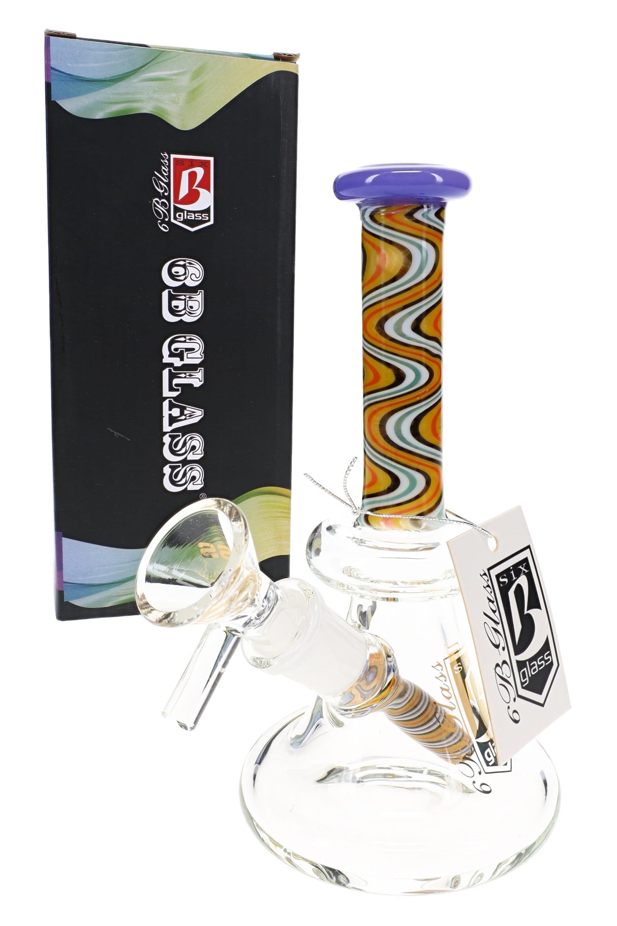 Compact 6″ reverse glass bong with purple rim, multicolor neck pattern, and clear beaker-style base