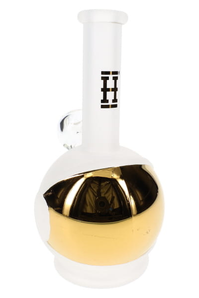 Space Fleet novelty glass bong with frosted clear helmet body, gold visor detail, and angled clear bowl