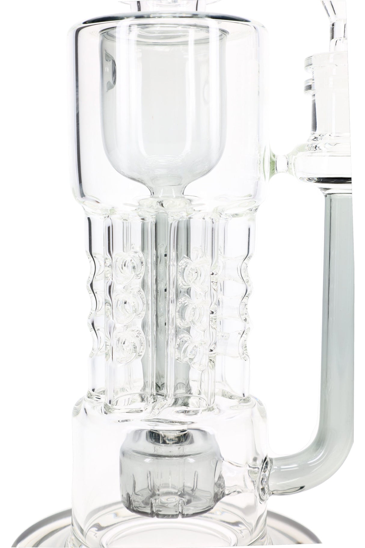 Close-up of clear HexaRecycler glass bong body with six recycler chambers and showerhead perc