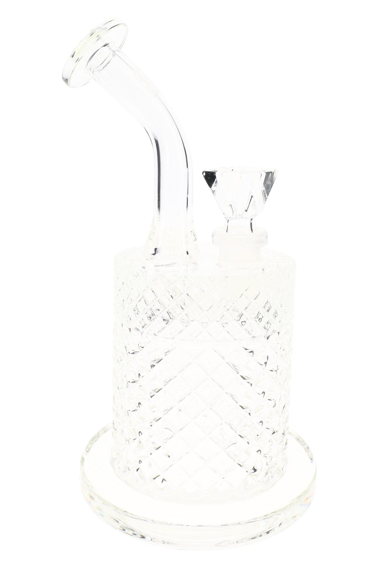 Clear Jane West glass water pipe with square bowl, removable downstem, and raised geometric texture