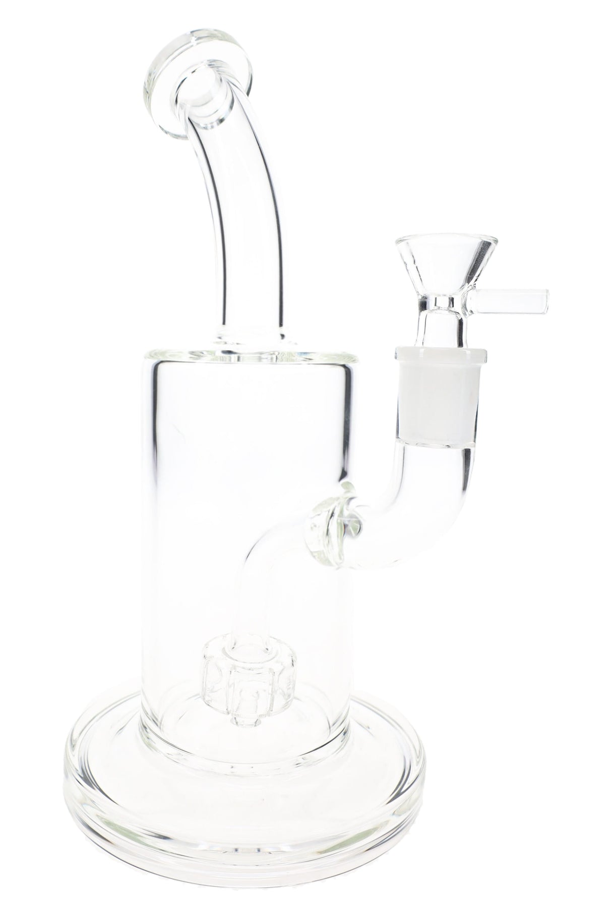 Clear glass bong with bent neck, round base, 14.5 mm joint, and visible showerhead perc from front