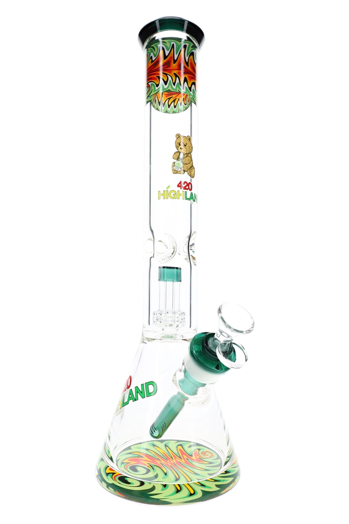 Green-accented reverse rasta beaker bong with 16-inch body, ice pinch, clear bowl, and wide glass base