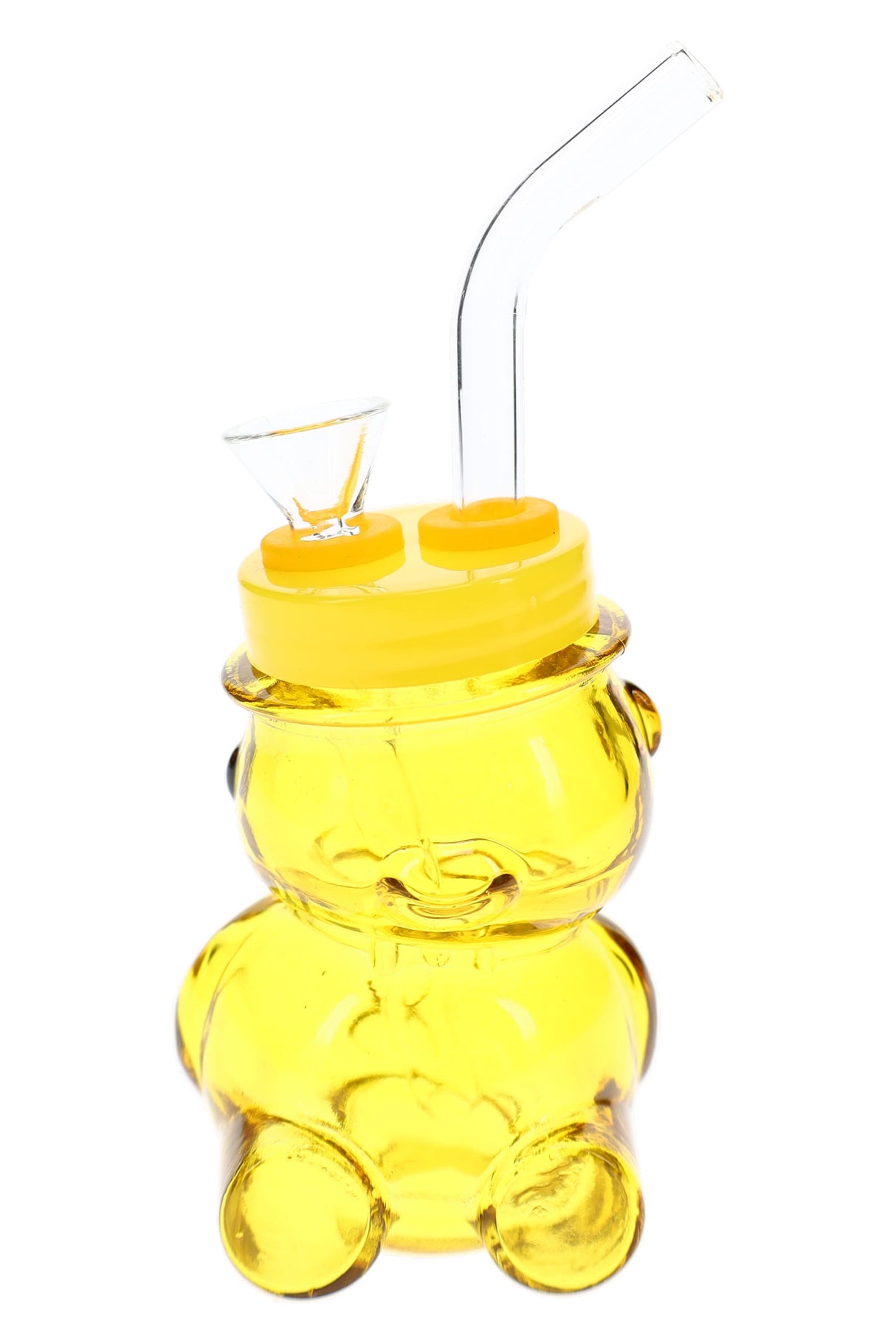 Yellow bear-shaped glass bong with matching lid-style top, clear bowl, and mini 4-inch animal body