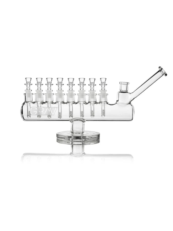 Clear GRAV Menorah Bong with eight cup bowls and mini downstems, a horizontal chamber, and angled mouthpiece.
