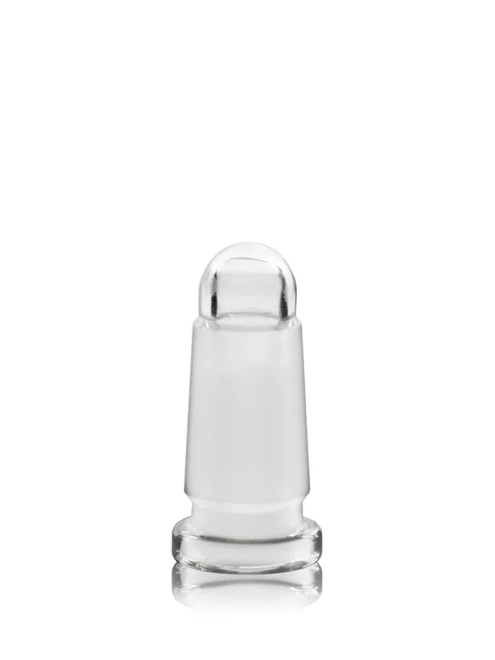 Close-up of a clear glass candleholder insert with a frosted tapered joint and rounded lower section.