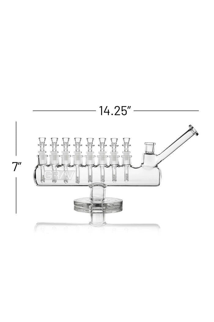 GRAV Menorah Bong dimension graphic showing its 14.25-inch length and 7-inch height.