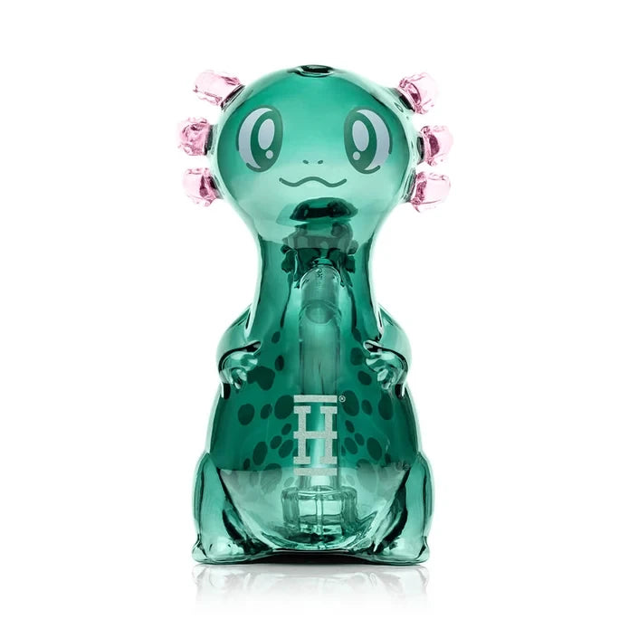 Front view of the green HEMPER Axolotl XL Bong with a smiling face, pink gills, and sculpted feet