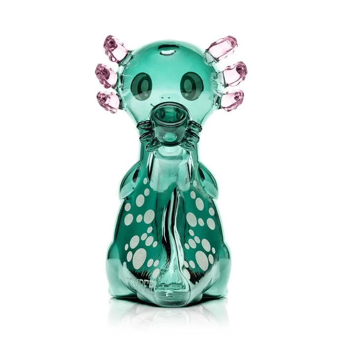 Rear view of the HEMPER Axolotl XL Bong with a spotted tail and matching bowl positioned on its back