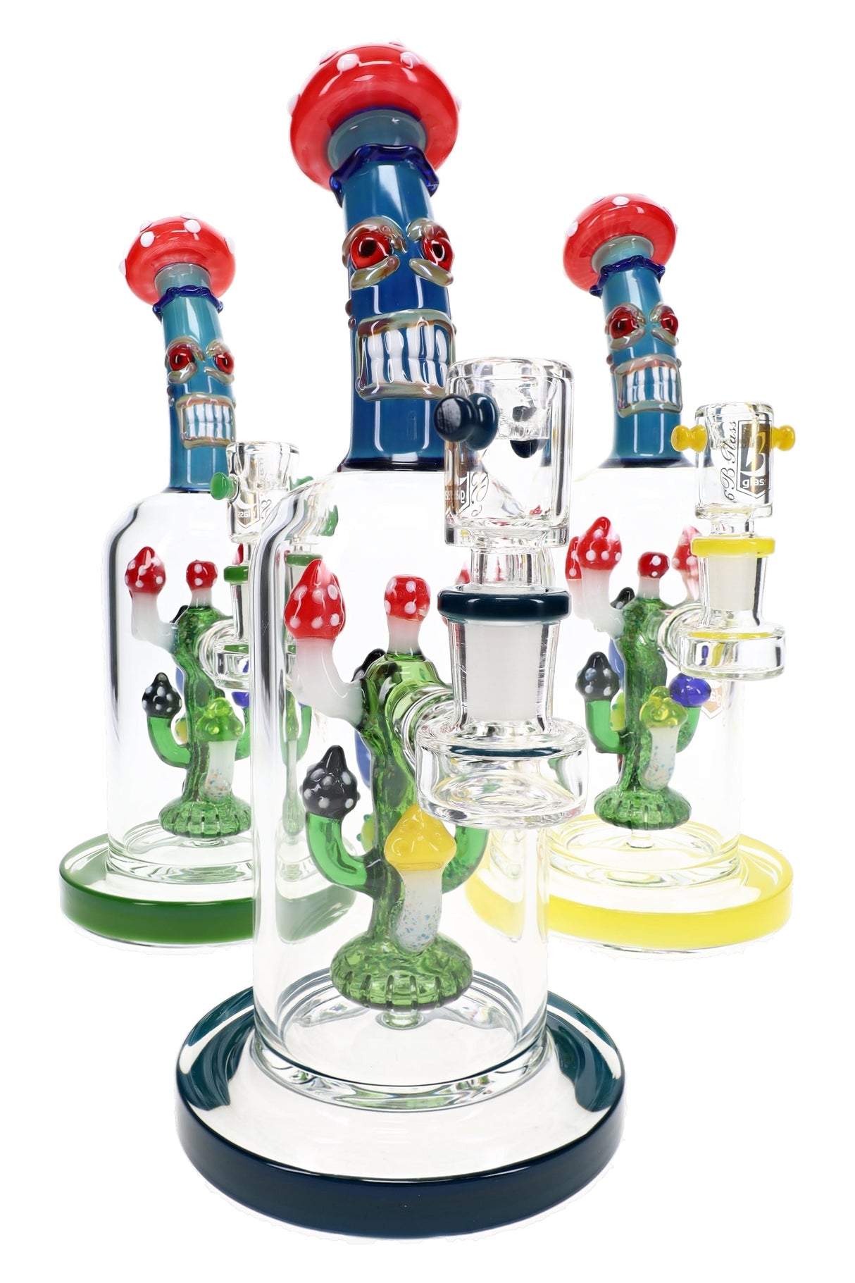 Assorted 10″ 6B Glass mushroom monster bong with showerhead perc, colorful caps, and glass banger