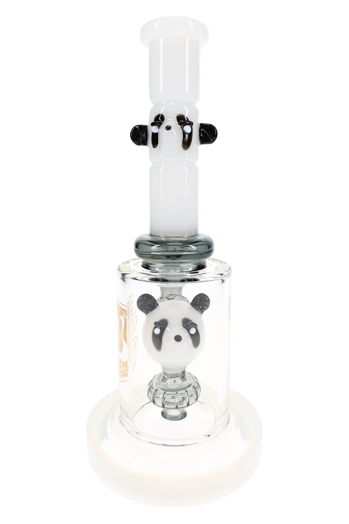 White 6B Glass panda dab rig with black ears, showerhead perc, and straight shooter neck