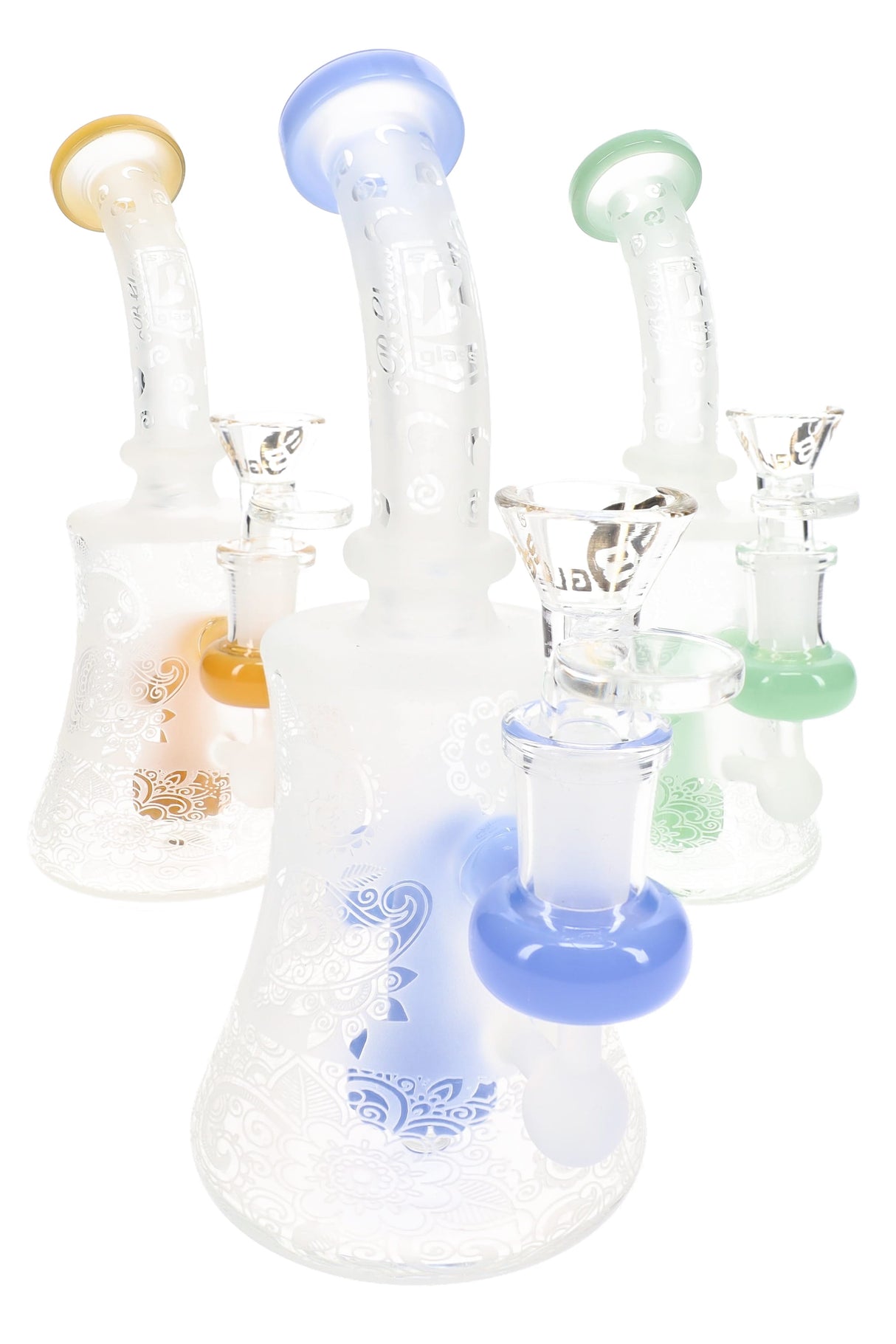 Assorted 7½″ frosted glass bong with floral etching, colored accents, and showerhead percolators