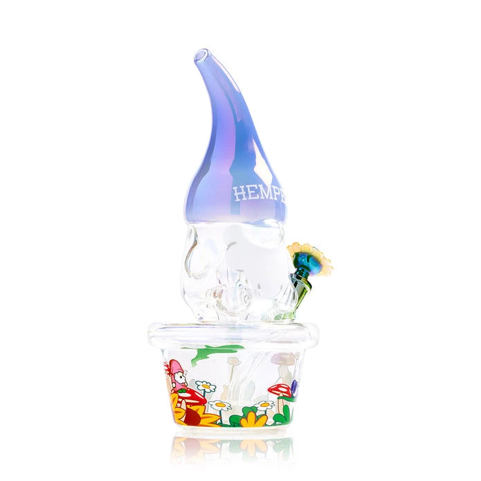 Angled side view of the Trippy Gnome XL bong showing the curved blue mouthpiece and mushroom-decorated base