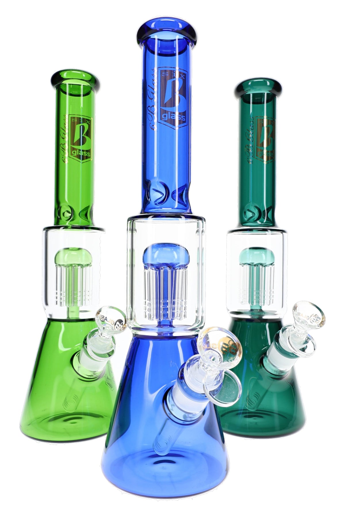 Assorted 6B Glass beaker bong colors with 8-arm tree perc, ice pinch, bowls, and beaker bases