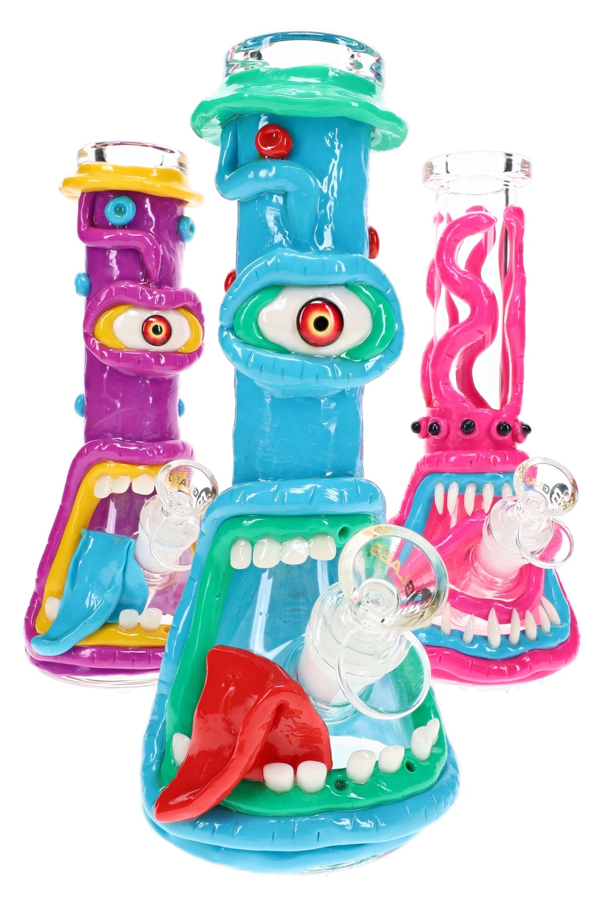 Assorted 6B Glass monster beaker bongs with colorful resin faces, eyeballs, tongues, and teeth