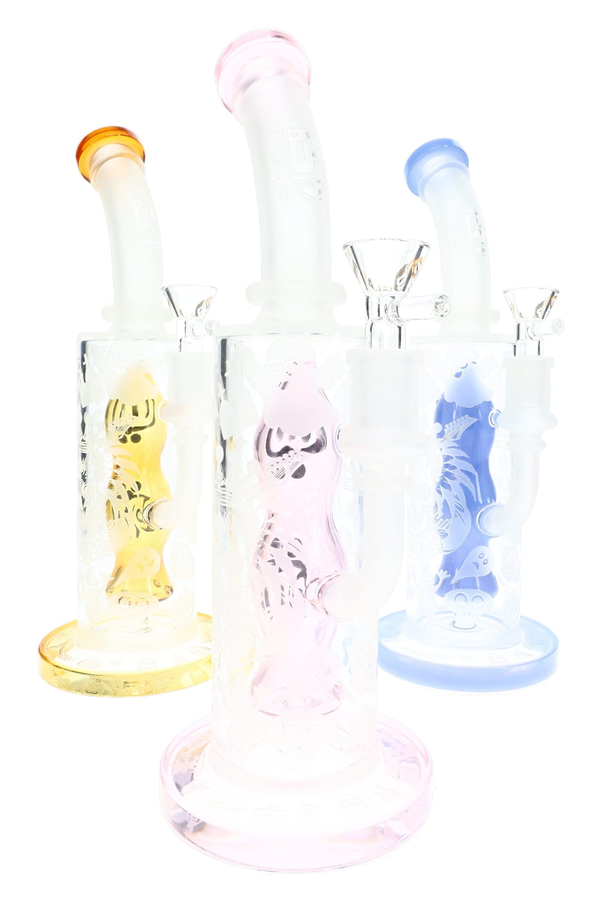 Assorted 6B Glass Halloween bongs with frosted ghost graphics, colored bases, and clear bowls