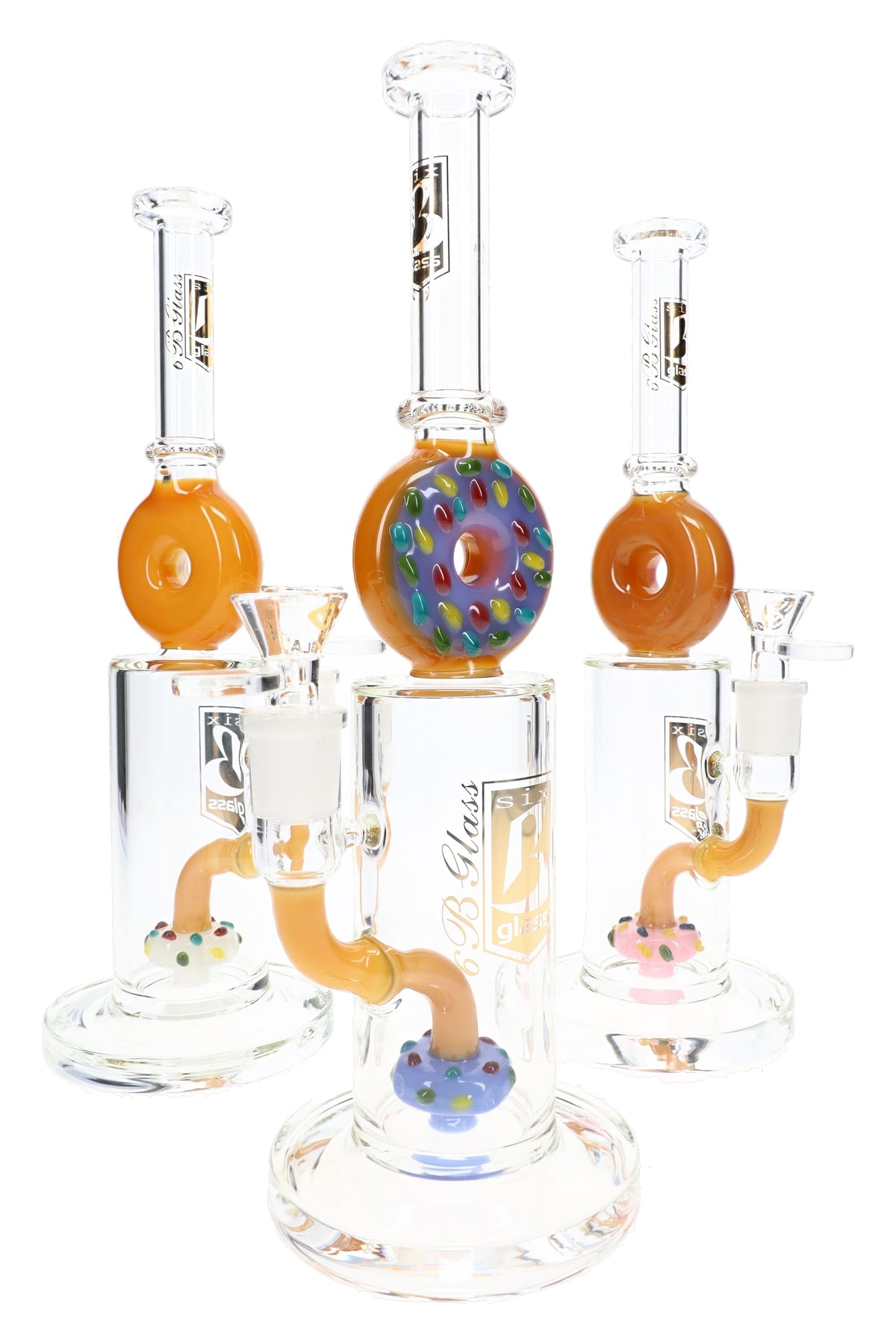 Assorted 6B Glass donut perc bongs with orange donut tops, sprinkle percs, and clear bowls
