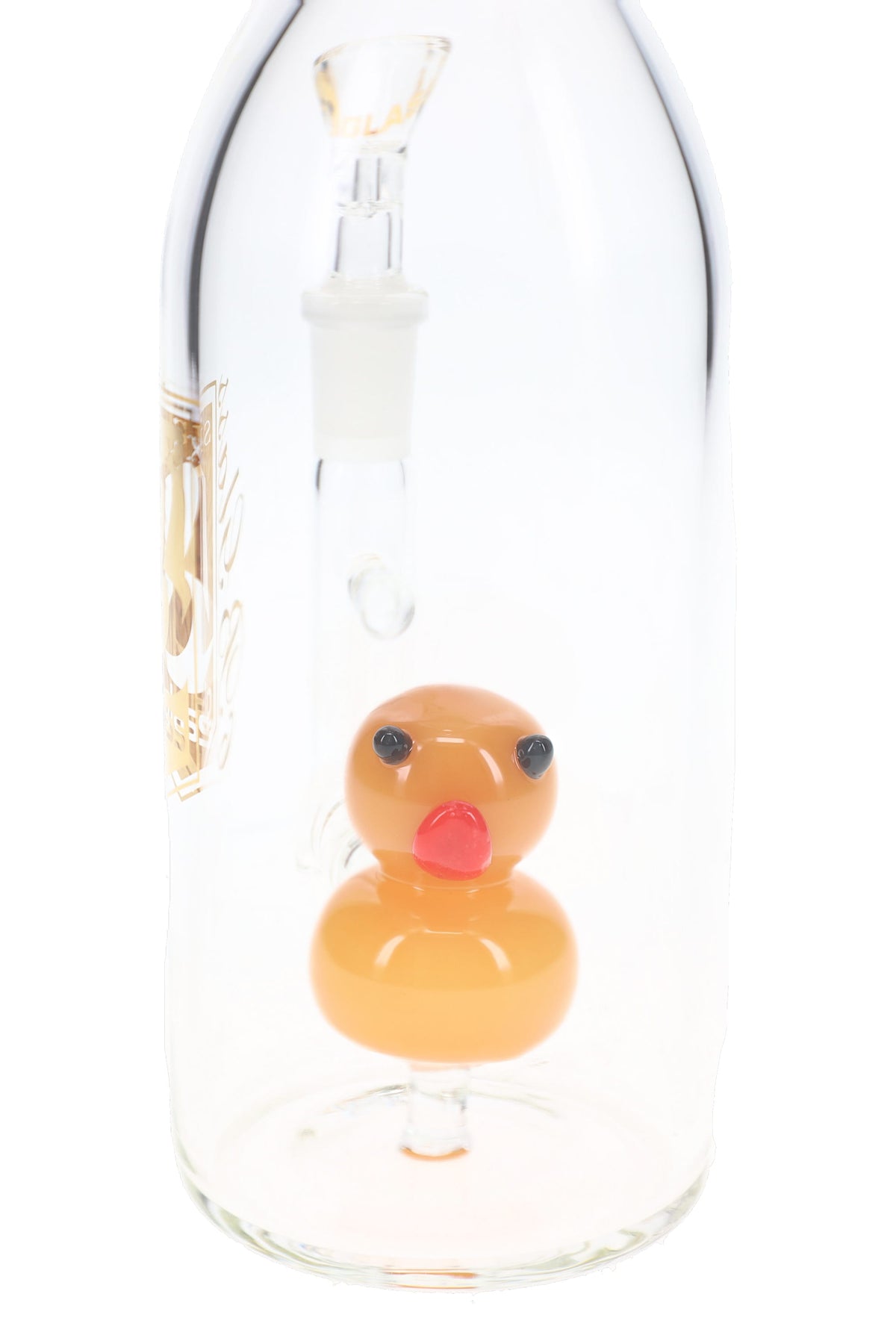 Close-up of orange 6B Glass duck perc bong showing rounded duck percolator inside clear bottle body