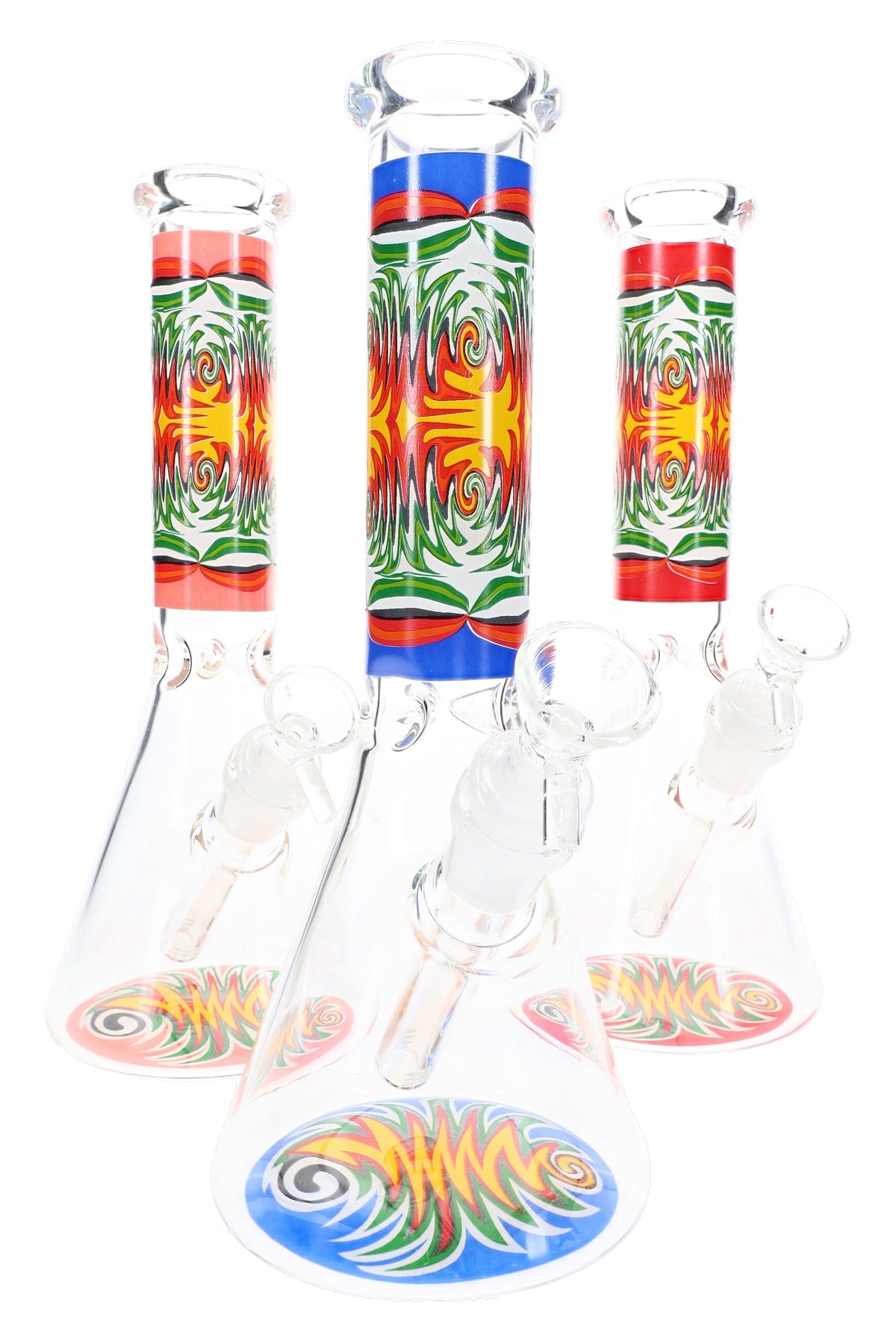 Three reverse decal glass beaker bongs with red and blue neck graphics and matching base art