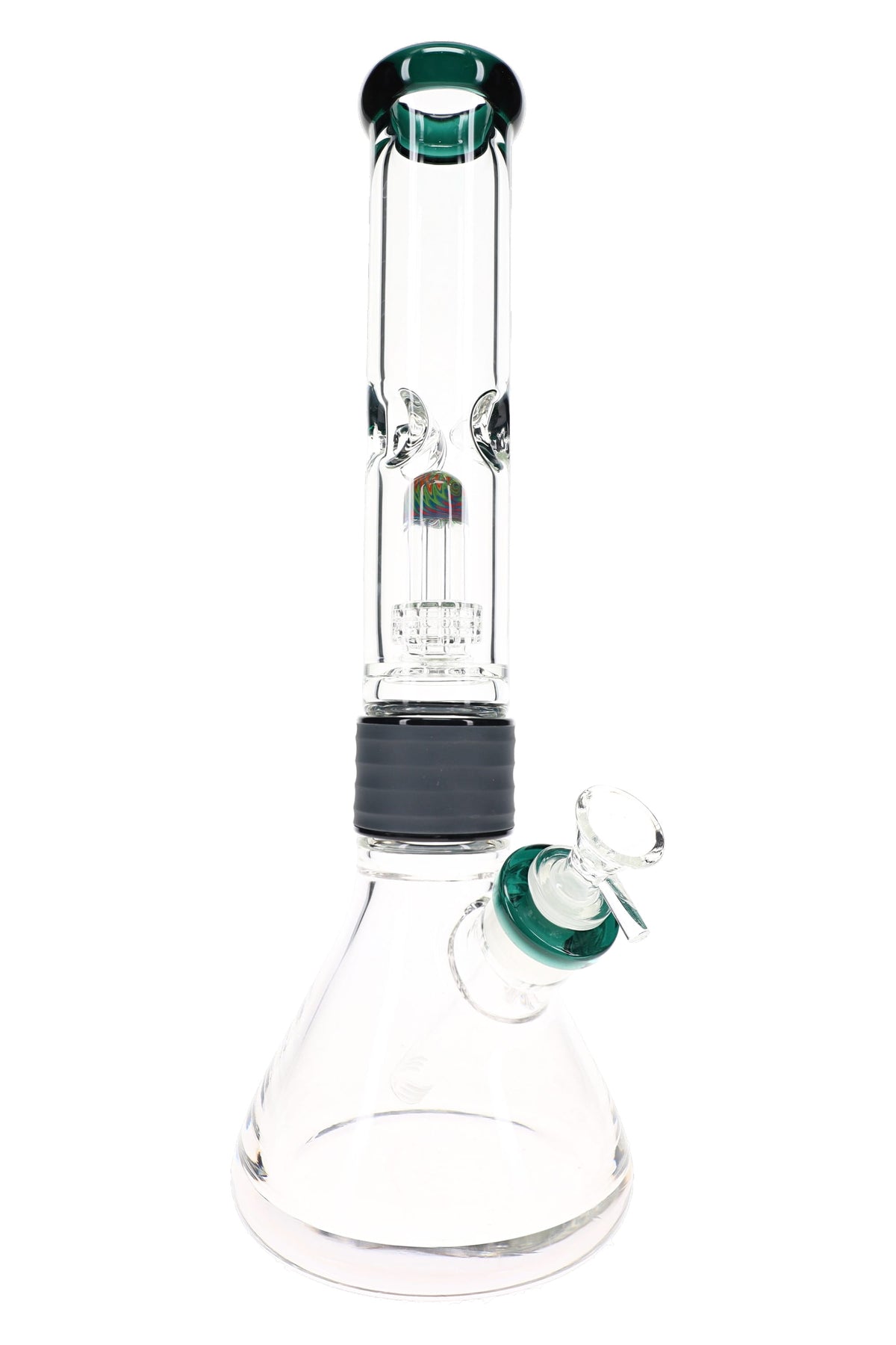 Two-part glass beaker bong with green accents, dome matrix perc, ice pinch, bowl, and connector sleeve