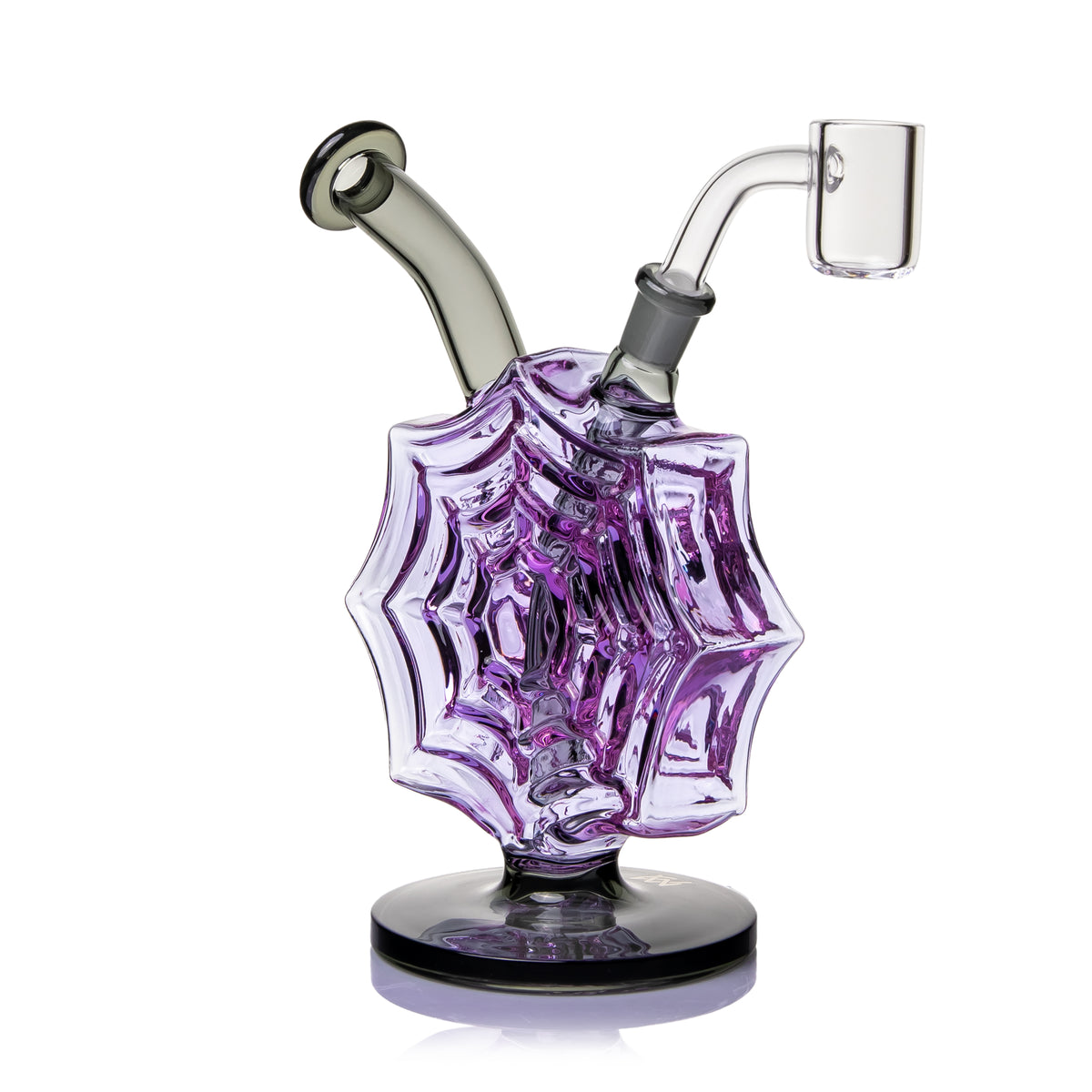 Opposite angle of MJ Arsenal Nightcrawler dab rig highlighting purple web texture, curved mouthpiece, and dark glass base