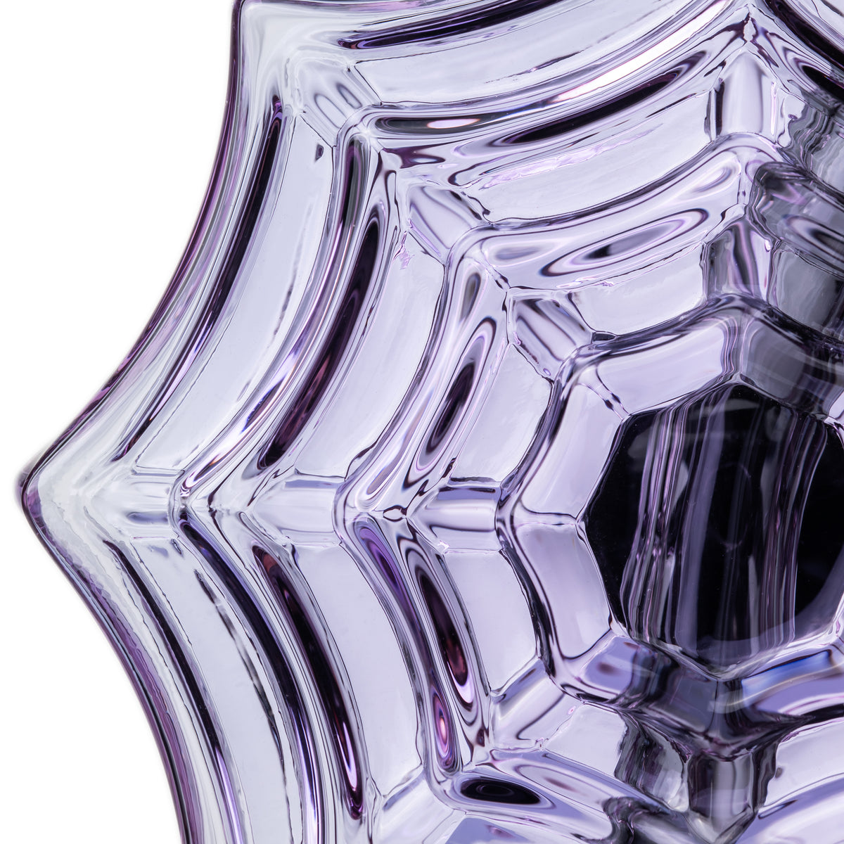 Close-up of sculpted purple spiderweb pattern on MJ Arsenal Nightcrawler dab rig showing thick dimensional glass ridges