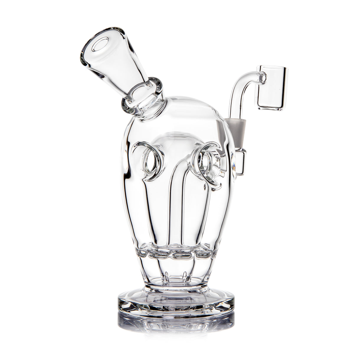 MJ Arsenal Voyager mini dab rig side view with clear borosilicate body, angled mouthpiece and quartz banger