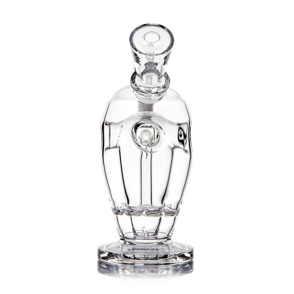 Top-down view of MJ Arsenal Voyager dab rig highlighting angled mouthpiece, Fab Egg chamber and clear glass