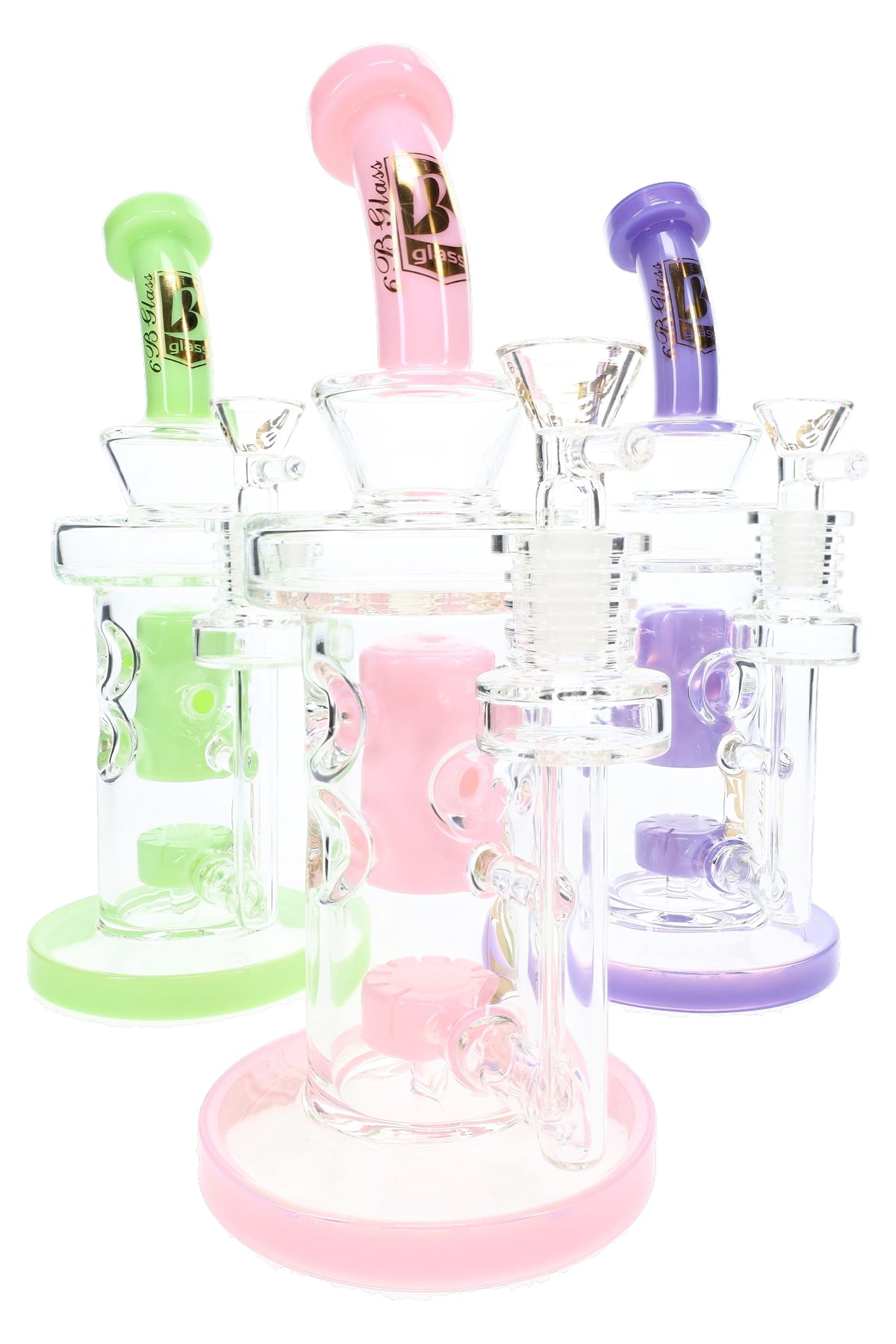 Three 6B Glass neon Faberge bongs in green, pink, and purple with showerhead percs and matching accents