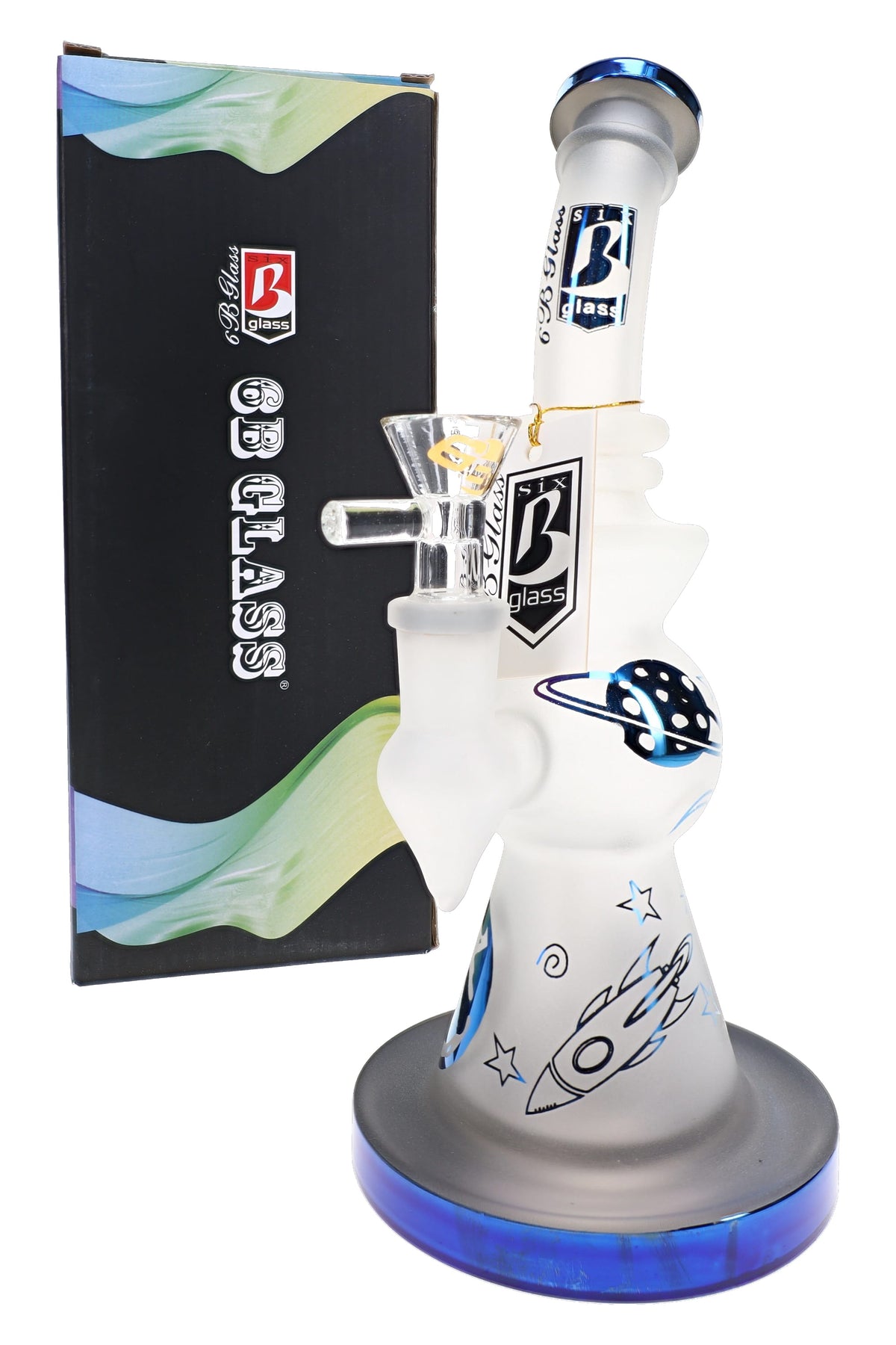 6B Glass frosted space bong with retail box, metallic blue accents, rocket artwork, and glass dry herb bowl