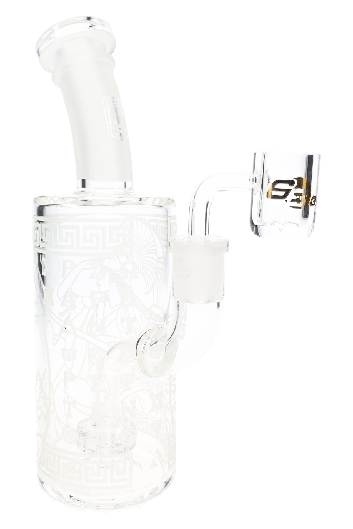 6B Glass 8½″ frosted Athena dab rig with showerhead perc, angled neck, Greek artwork, and clear banger