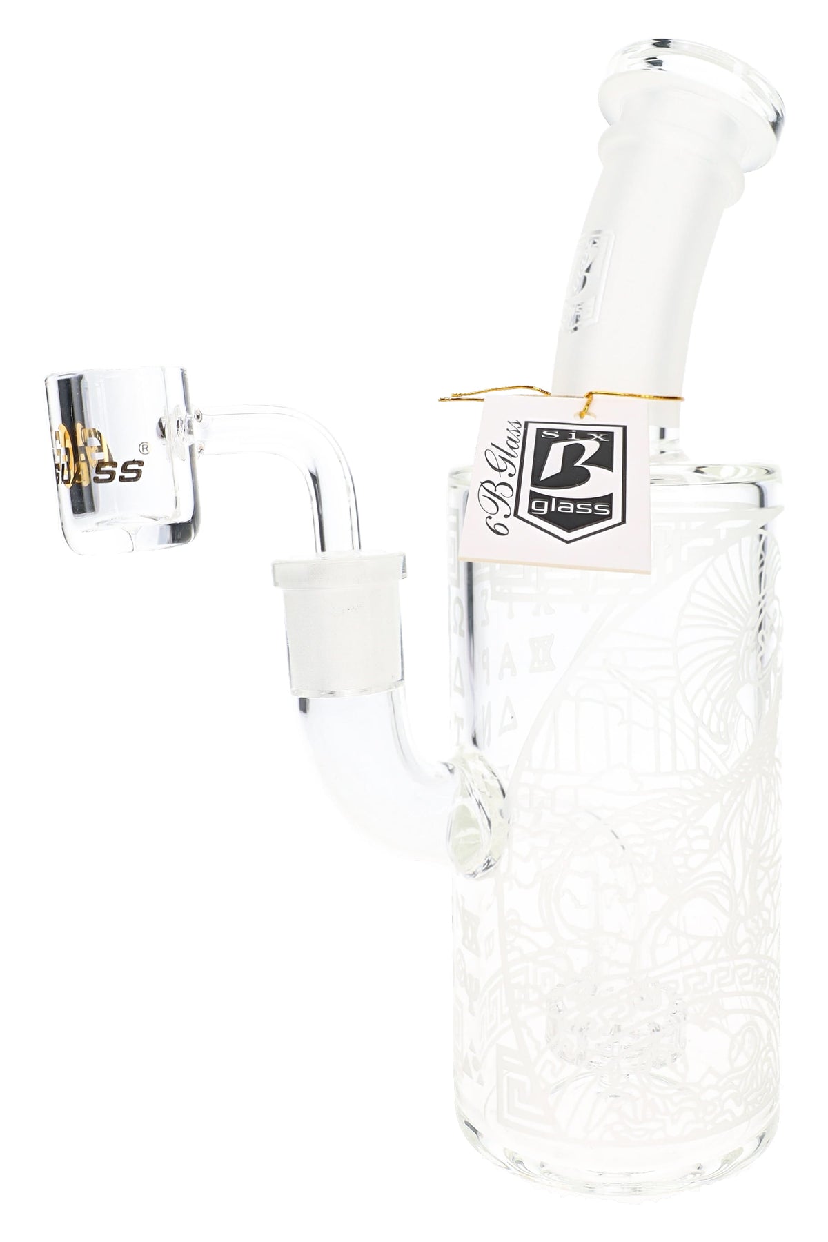 Rear view of 6B Glass frosted Athena dab rig showing detailed Greek artwork, showerhead perc, and banger