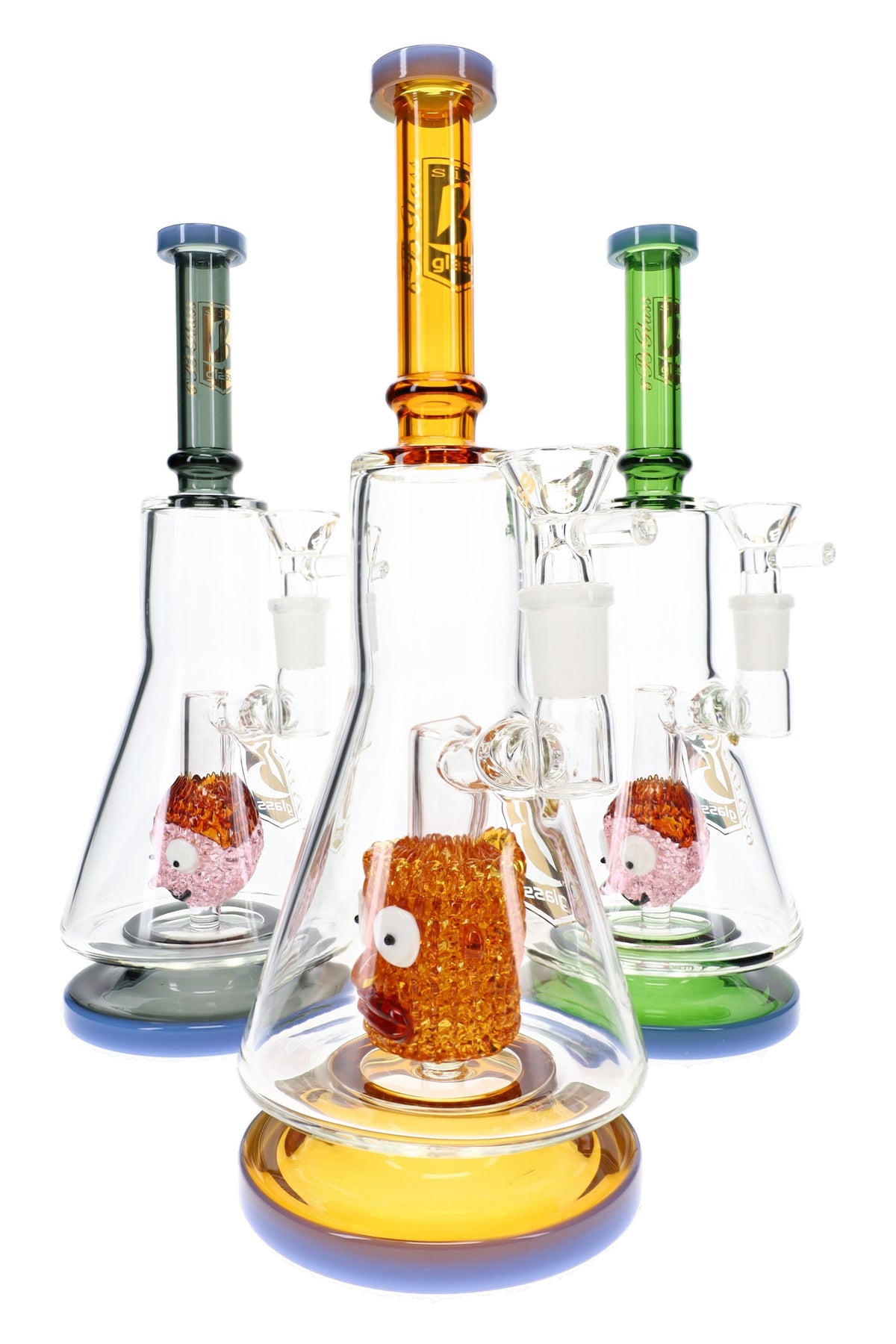 6B Glass 10½″ beaker bong with sculpted character perc and assorted green, amber and gray glass accents