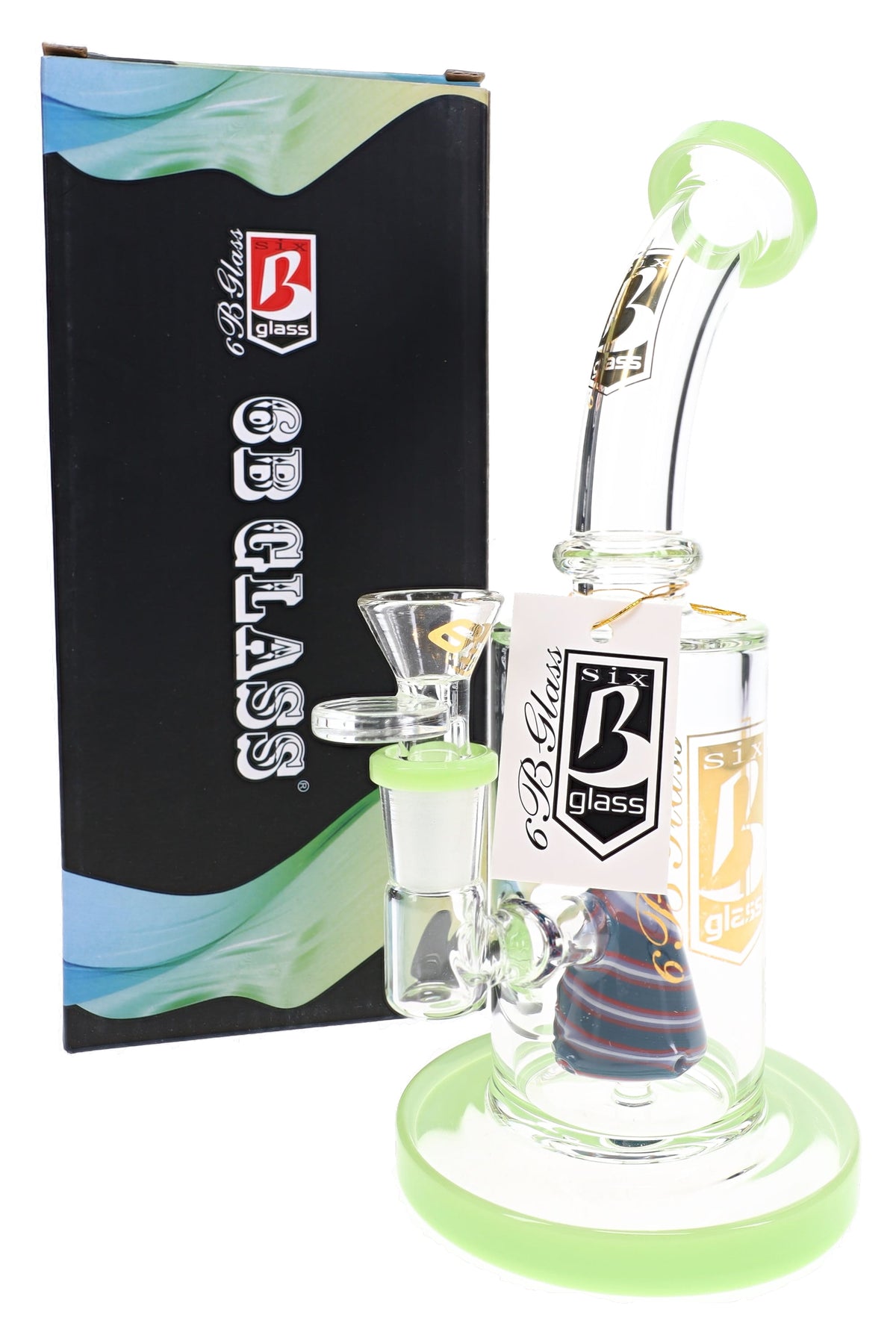 6B Glass reverse cone perc bong with green accents, curved neck, striped glass perc and removable bowl