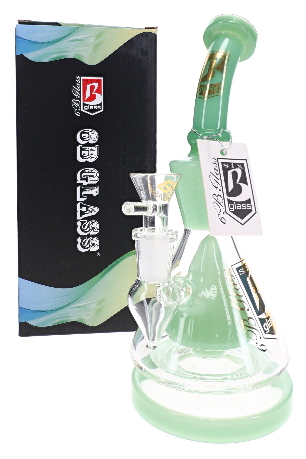 Green 6B Glass beaker bong with cone showerhead perc, curved mouthpiece, clear bowl and retail box