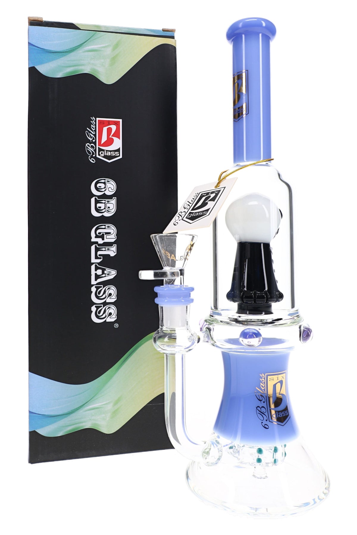 Blue 6B Glass skull showerhead perc bong with clear chamber, removable glass bowl, flared base, and box