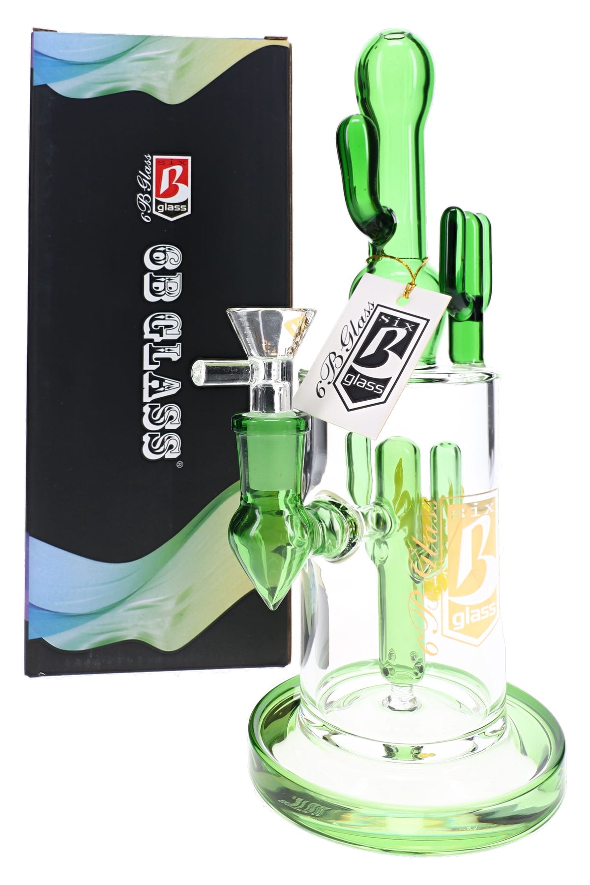 Green 6B Glass cactus bong with clear chamber, sculpted cactus perc, removable bowl, and wide glass base