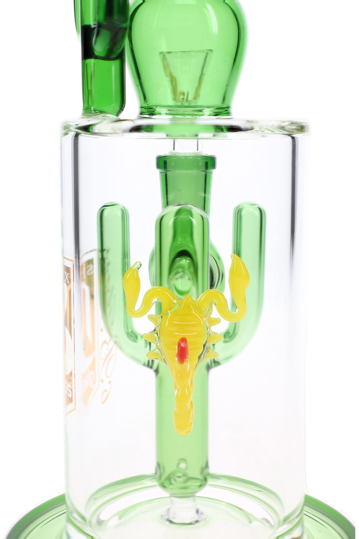 Close-up of 6B Glass cactus bong showing green internal perc with yellow and red glass scorpion detail