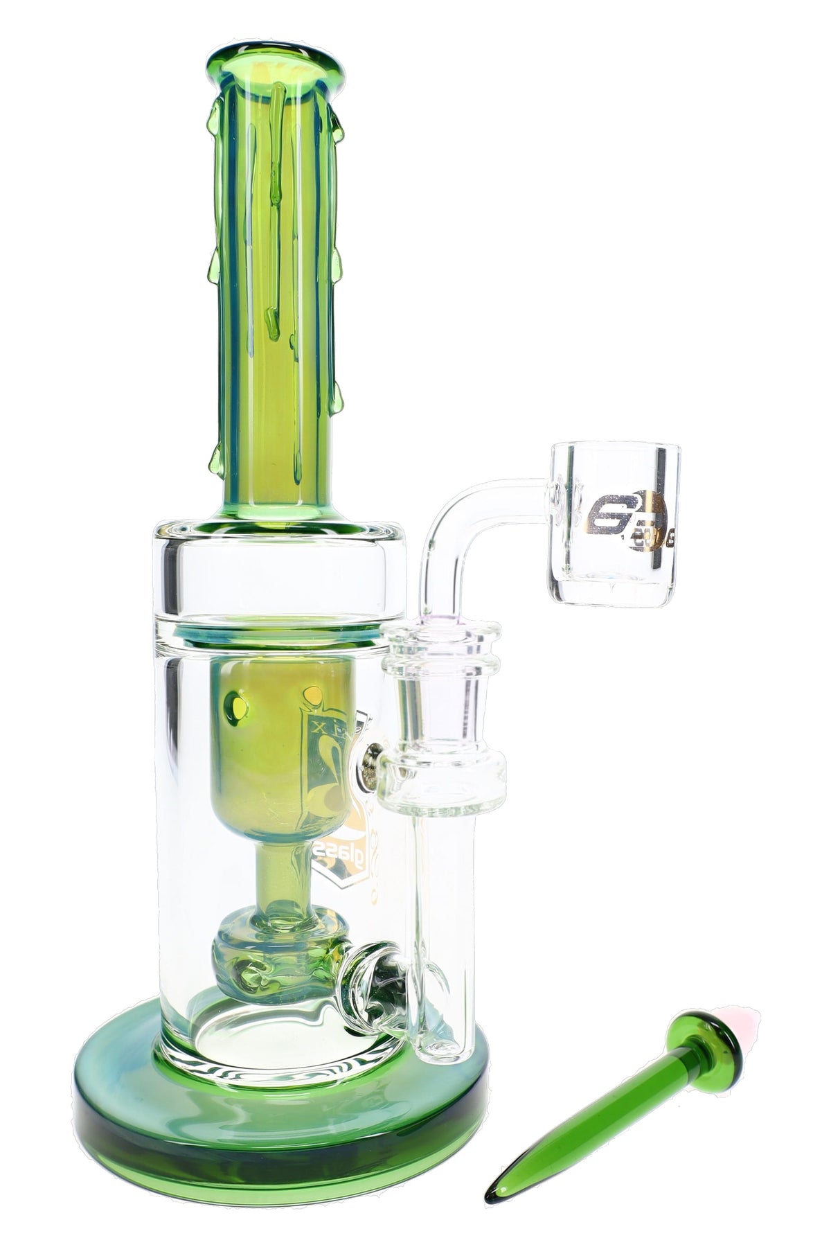 6B Glass 9-inch fumed dab rig in green with internal perc, clear banger, matching dab tool, and wide base