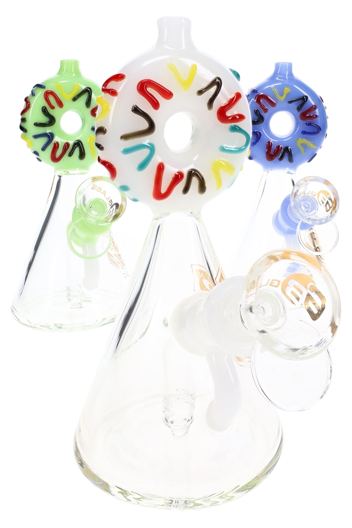 6B Glass 6.5-inch donut bong assortment with colorful sprinkle-covered mouthpieces and clear beaker bases