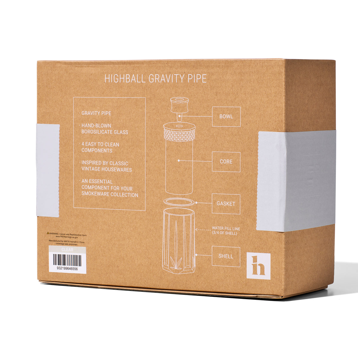 Highball Gravity Bong box back showing glass bowl, core, gasket, shell, and recommended water fill line
