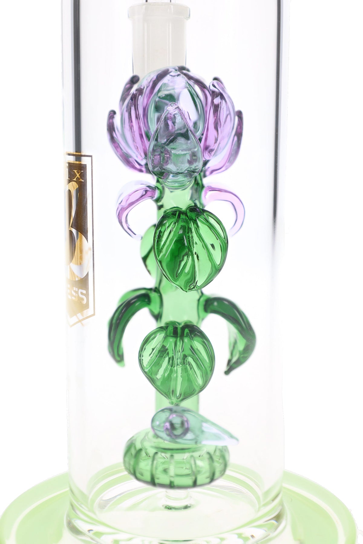 Close-up of a purple glass rose, sculpted green leaves and showerhead perc inside a clear 6B Glass bong.