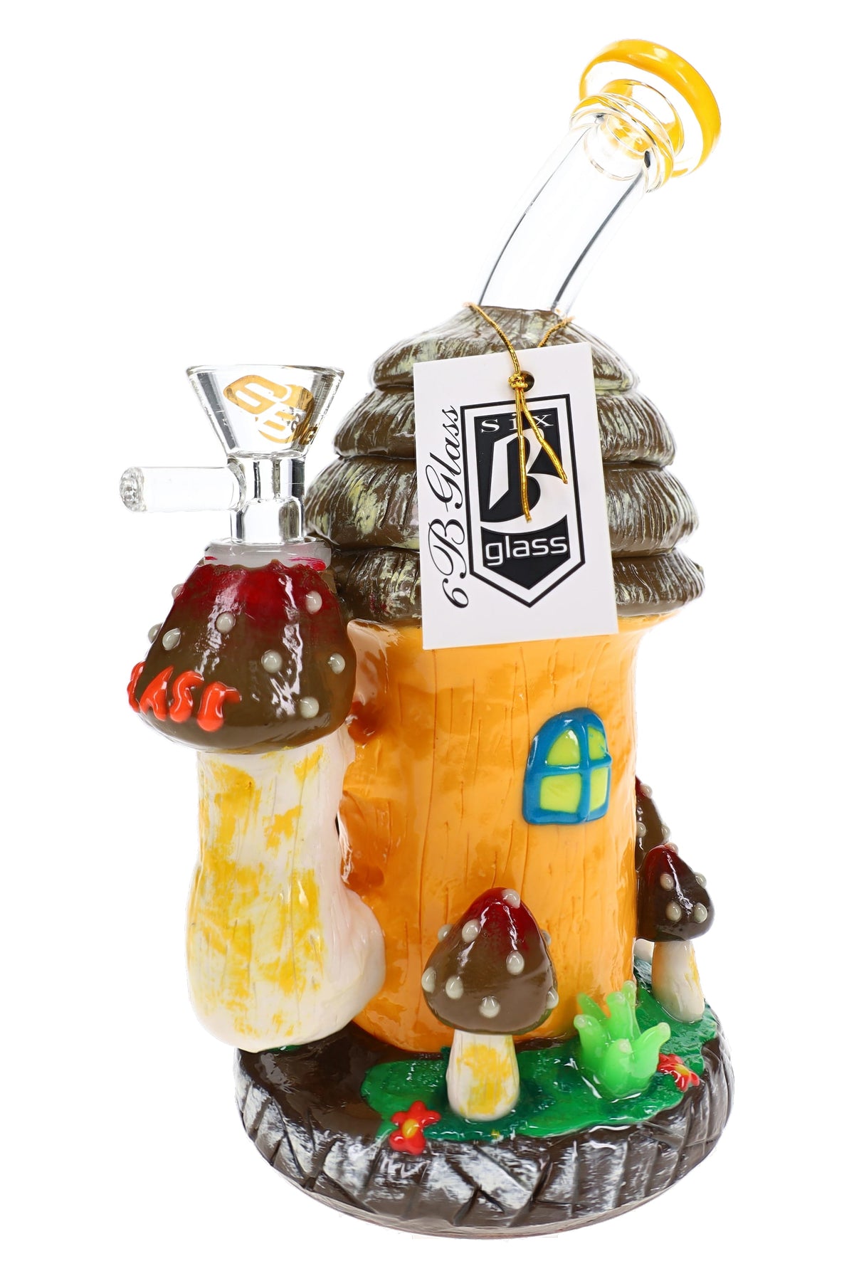 Side view of a 6B Glass mushroom hut bong with a yellow mouthpiece rim, handled glass bowl and spotted mushrooms.