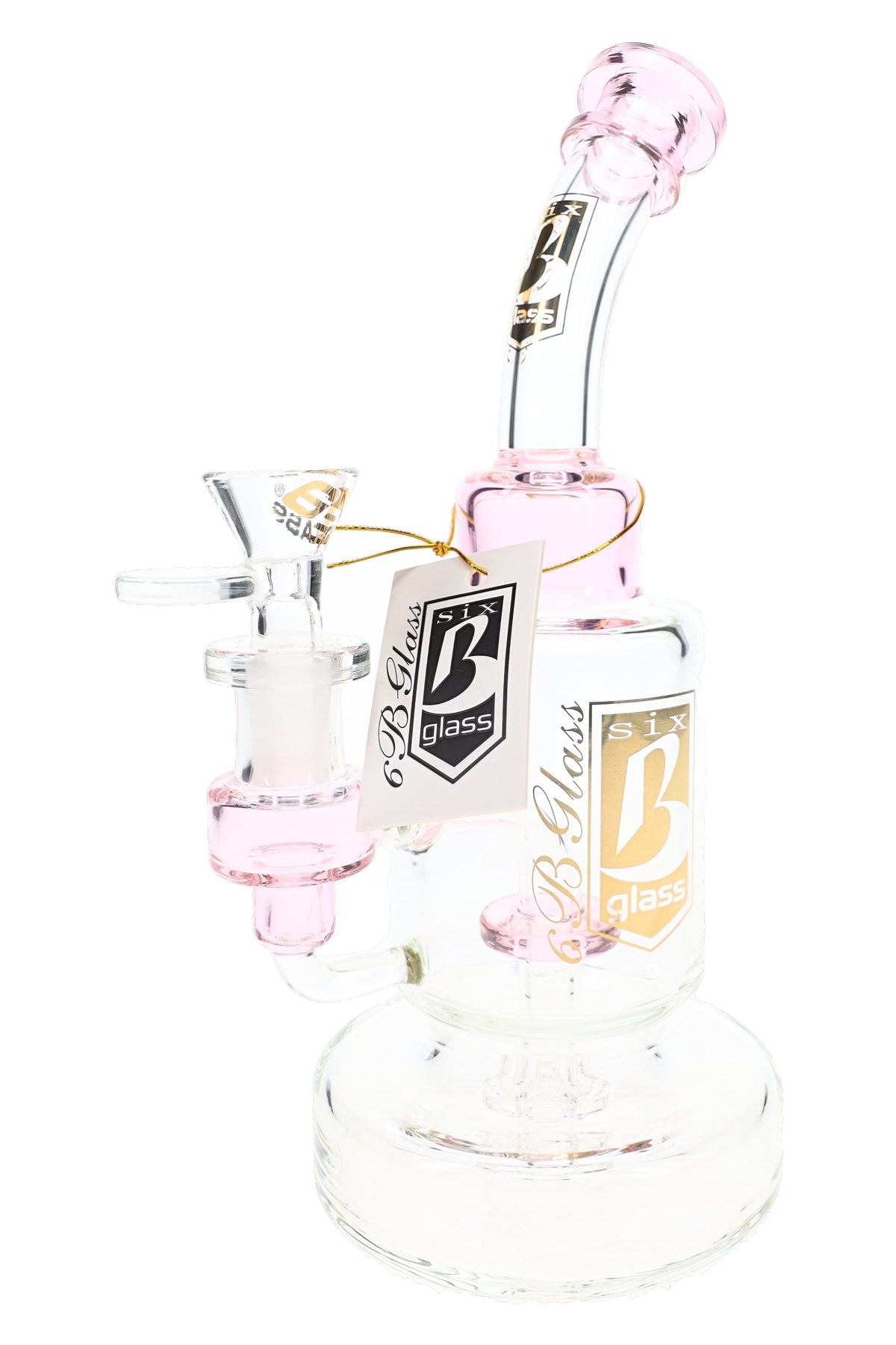 Clear 6B Glass showerhead perc bong with pink accents, a curved neck, handled glass bowl and branded hang tag.