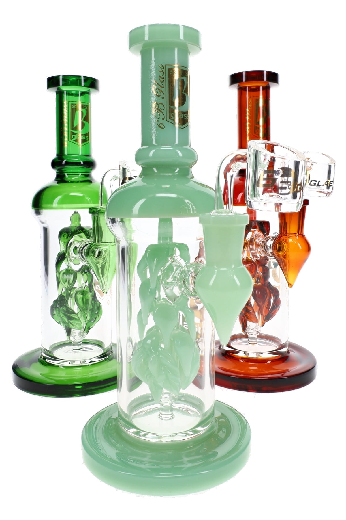Three 6B Glass vine leaf dab rigs with mint, green and amber accents, sculpted internal leaves and clear bangers.