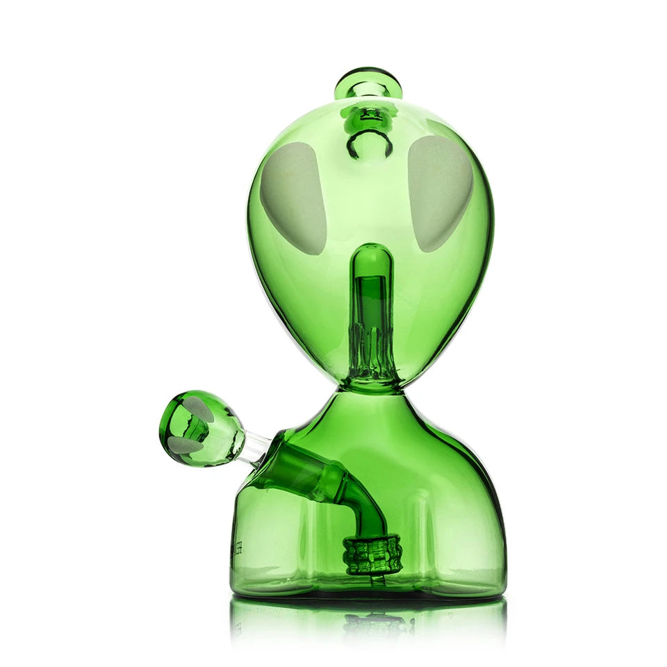 Front view of the Hemper Alien XL bong showing its green alien bust, two chambers and visible percolators