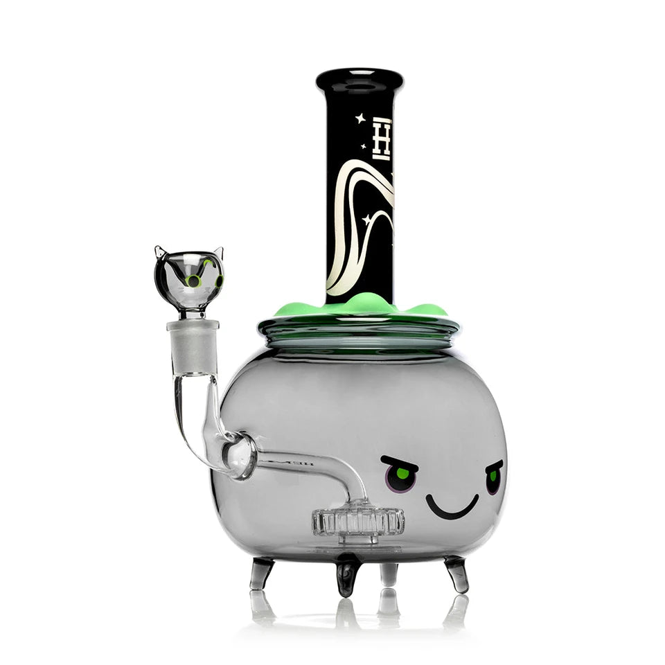 Angled view of Hemper Cauldron XL glass bong with a cat bowl, green bubble top and visible showerhead perc