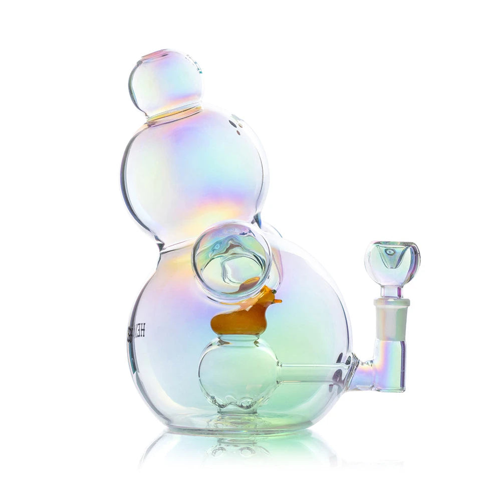 Side view of Hemper Bubble XL glass bong showing its tilted bubble mouthpiece, duck detail and upright bowl