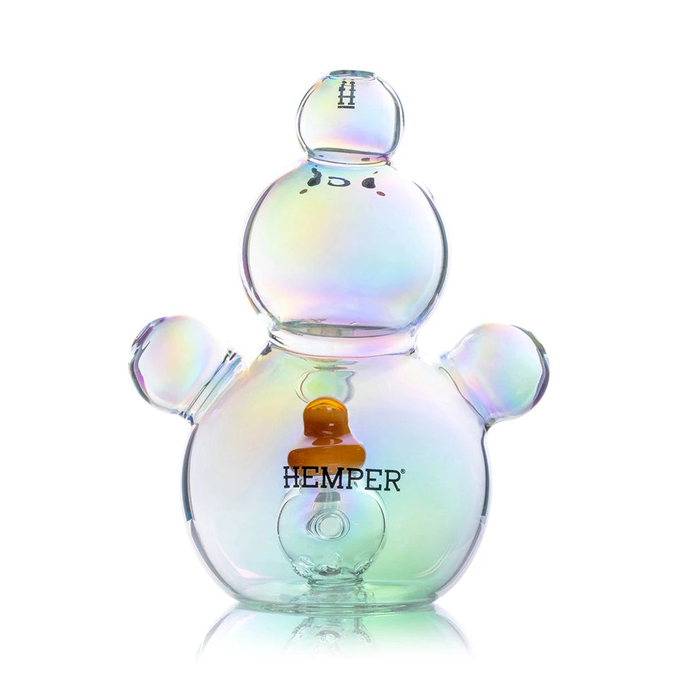 Rear view of Hemper Bubble XL iridescent bong with rounded side bubbles, Hemper branding and a yellow duck