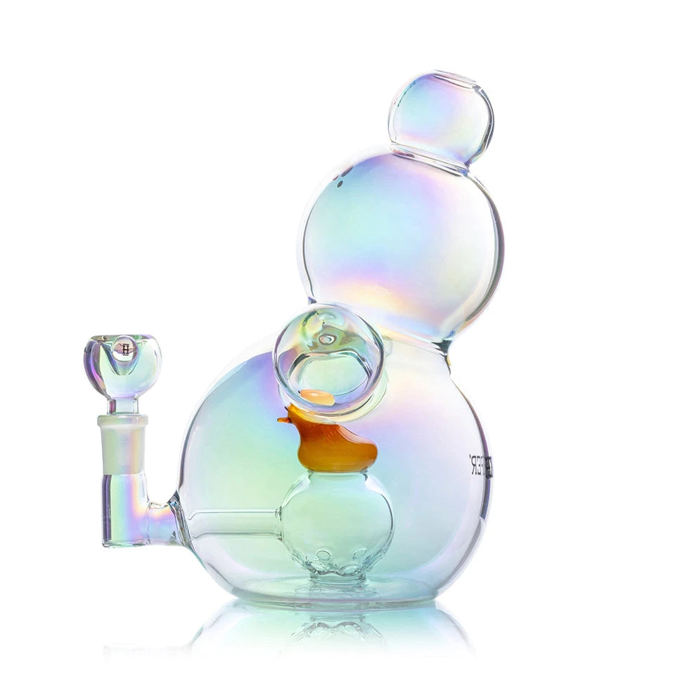 Opposite side of Hemper Bubble XL bong showing the bowl connection and round percolator beneath a yellow duck